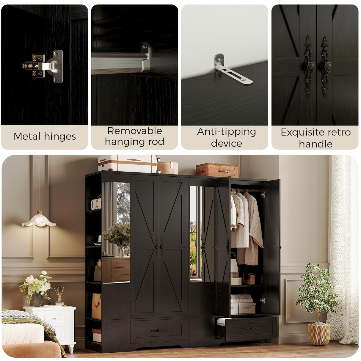 ANCTOR Armoire Wardrobe Closet with Mirror, 70" H Wooden Bedroom Armoires and Wardrobes with 2 Doors, 5 Shelves, Hooks and Drawer, Clothing Storage Cabinet with Hanging Rod, Black ANCTOR