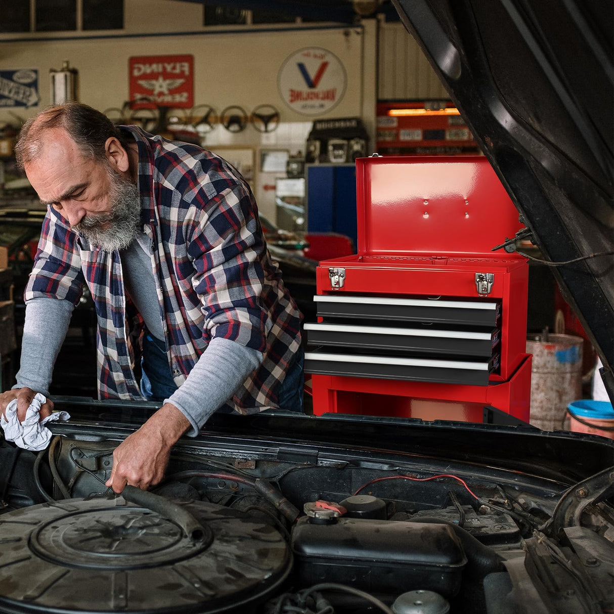 BIG RED ATBD134R-RB-4 Torin Rolling Garage Workshop Tool Organizer: Detachable 3 Drawer Tool Chest with Large Storage Cabinet and Adjustable Shelf, Red/Black BIG RED