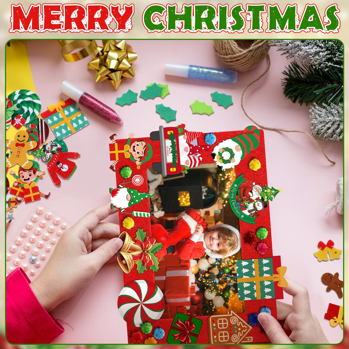 Remagr 496 Pcs Christmas DIY Picture Frames Craft Kit 32 Set Felt Photo Frames with 200 Christmas Sticker to Decorate with 100 Foam Leaves, 100 Ball, 64 Magnet for Xmas Winter Party Favor Home Decor Remagr