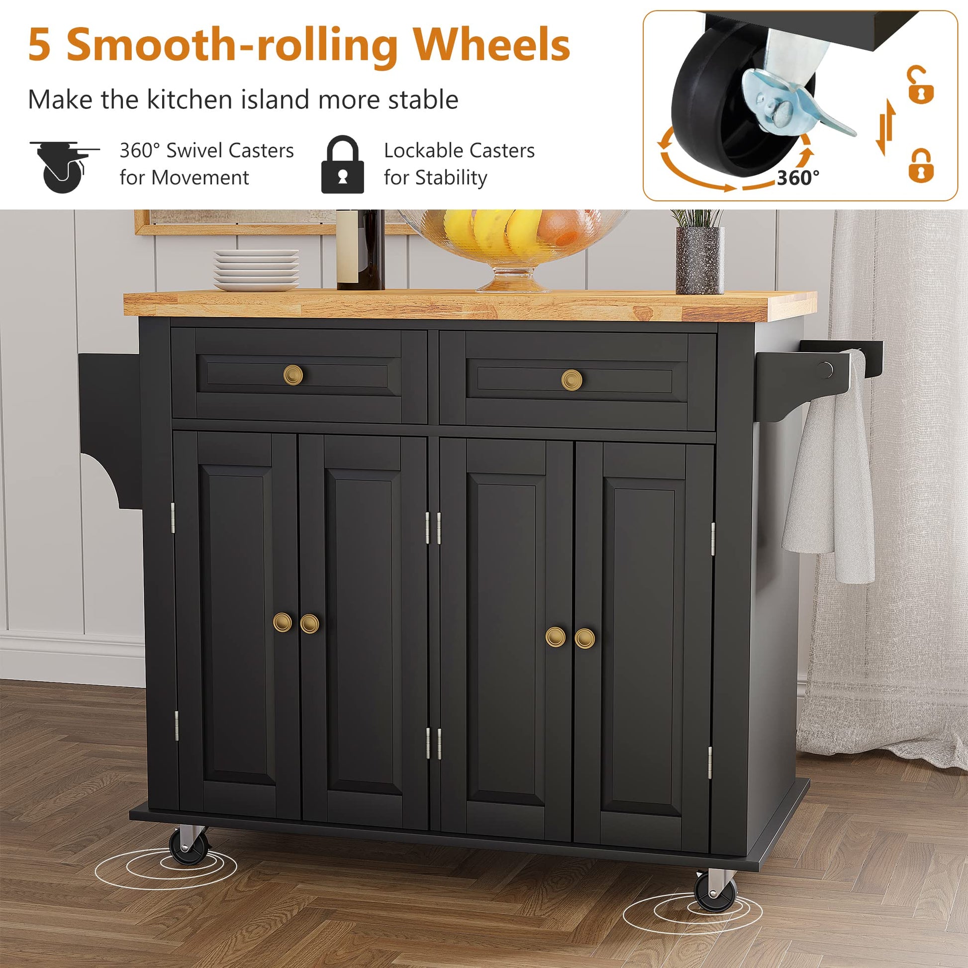 Squireewo Kitchen Cart with Rubber Wood Top Breakfast Bar, Rolling Mobile Kitchen Island Table on Wheels with Drawer and Storage Cabinet, Spice Rack, Towel Rack, Black - WoodArtSupply