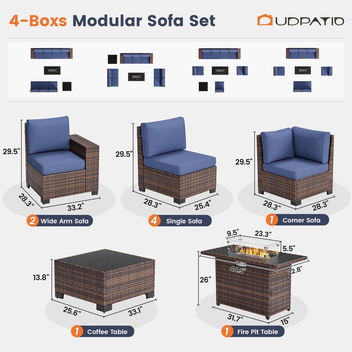 UDPATIO Patio Furniture Set with Fire Pit Table, 8 Inch Armrest Outdoor Sectional Sofa, 9 Piece Wicker Outdoor Furniture Conversation Sets with Waterproof Cover for Backyard Deck(Brown/Navy Blue) UDPATIO