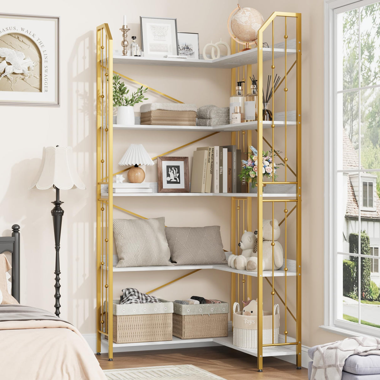 GarveeHome Corner Bookshelf 72" L Shaped Bookcase, Corner Bookshelves Industrial Bookcase 5 Tier L-Shape Bookshelf, Large Bookcases with Beaded Design Tall Display Rack Shelf for Living Room Bedroom GarveeHome