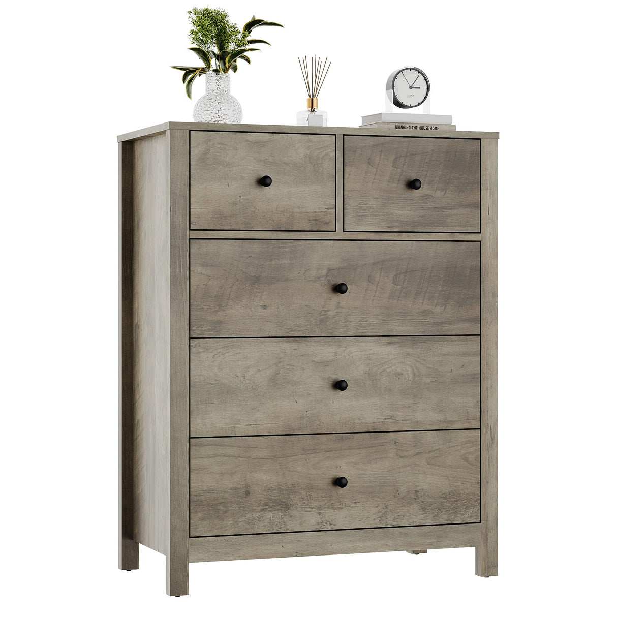 GarveeHome Grey 5 Drawer Dresser for Bedroom, Modern Tall Dresser Organizer with Storage Drawers, Wooden Chests of Drawers for Bedroom, Entryway, Hallway, Home Office GarveeHome