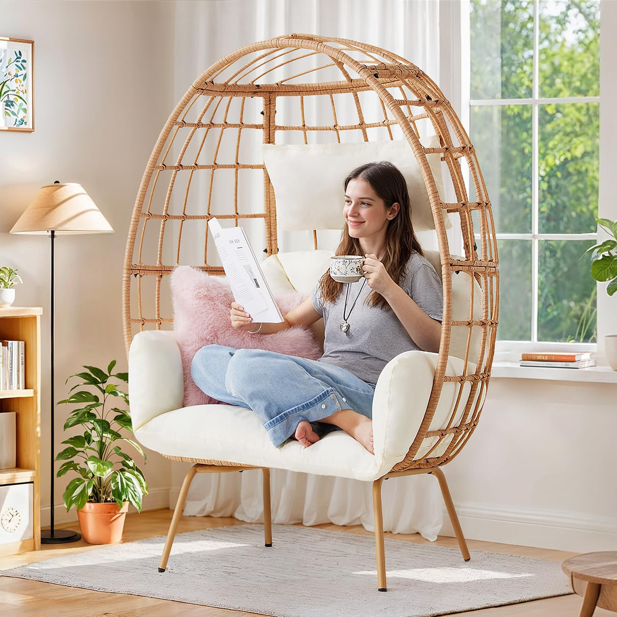 ONBRILL Oversized Egg Chair, Indoor Outdoor Egg Rattan Chair with PE Rattan, Steel Frame and Detachable Cushions, Wicker Lounger for Patio, Pool, Living Room, Bedroom - Beige ONBRILL