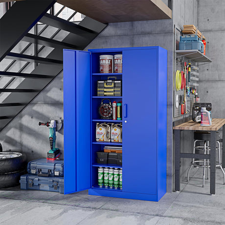 ZAOUS Metal Storage Cabinet with Lock，71'' Garage Storage Cabinet with 5 Adjustable Shelves, Tall Tool Cabinets for Garage, Home, Office, Gym, School, Blue ZAOUS
