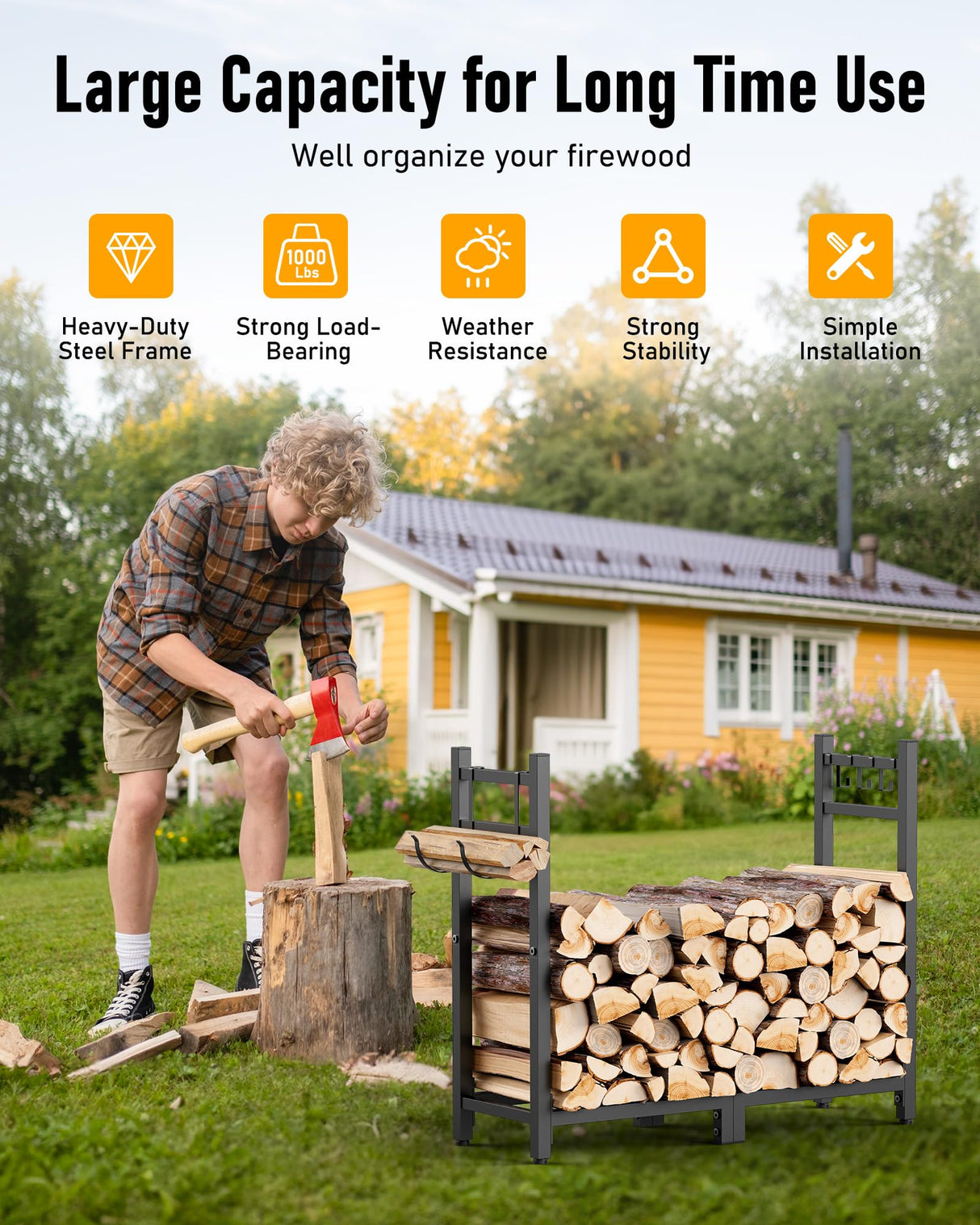 Brightown Firewood Rack Indoor with Log Carrier, 34inch Outdoor Wood Rack for Firewood,Fire Wood Storage with Kindling Hooks, Adjustable Pads, Heavy Brightown