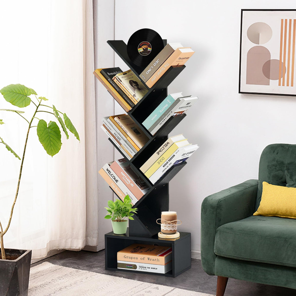 LUSHZLUMBERA 6 Tier Tree Bookshelf, Tall Narrow Wooden Bookcase with Drawer and Storage Cabinet, Freestanding Small Book Shelf Organizer for Bedroom, Living Room, Home Office, Black Display Shelf LUSHZLUMBERA