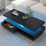 Modern LED Coffee Table with Storage, High Gloss Cocktail Center Table with Drawers, Display Shelves & LED Lights for Living Room, 51.2’’, Black Amposei