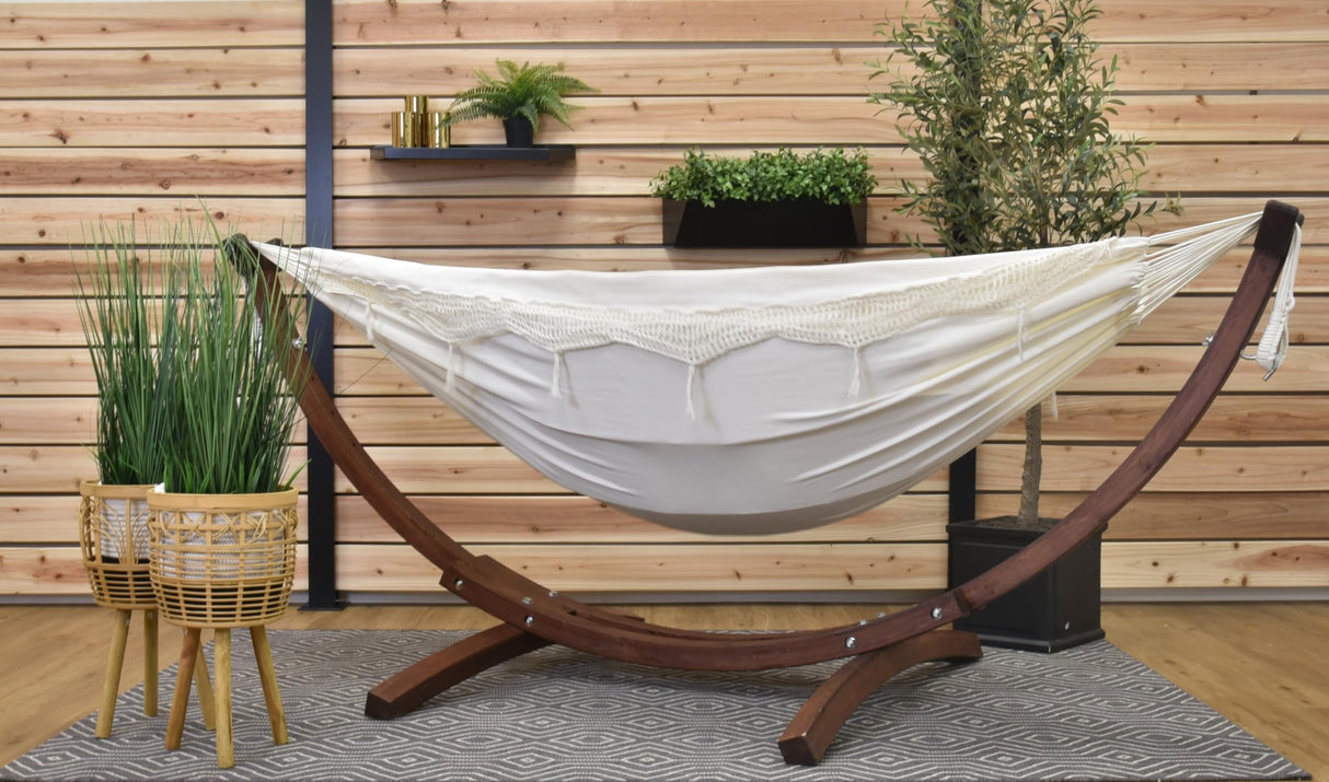 Vivere Double Cotton Hammock with Solid Pine Arc Stand - 450 lb Capacity, Durable FSC Wood Frame, Includes Hardware & User Guide - 450 lb Weight Capacity Vivere