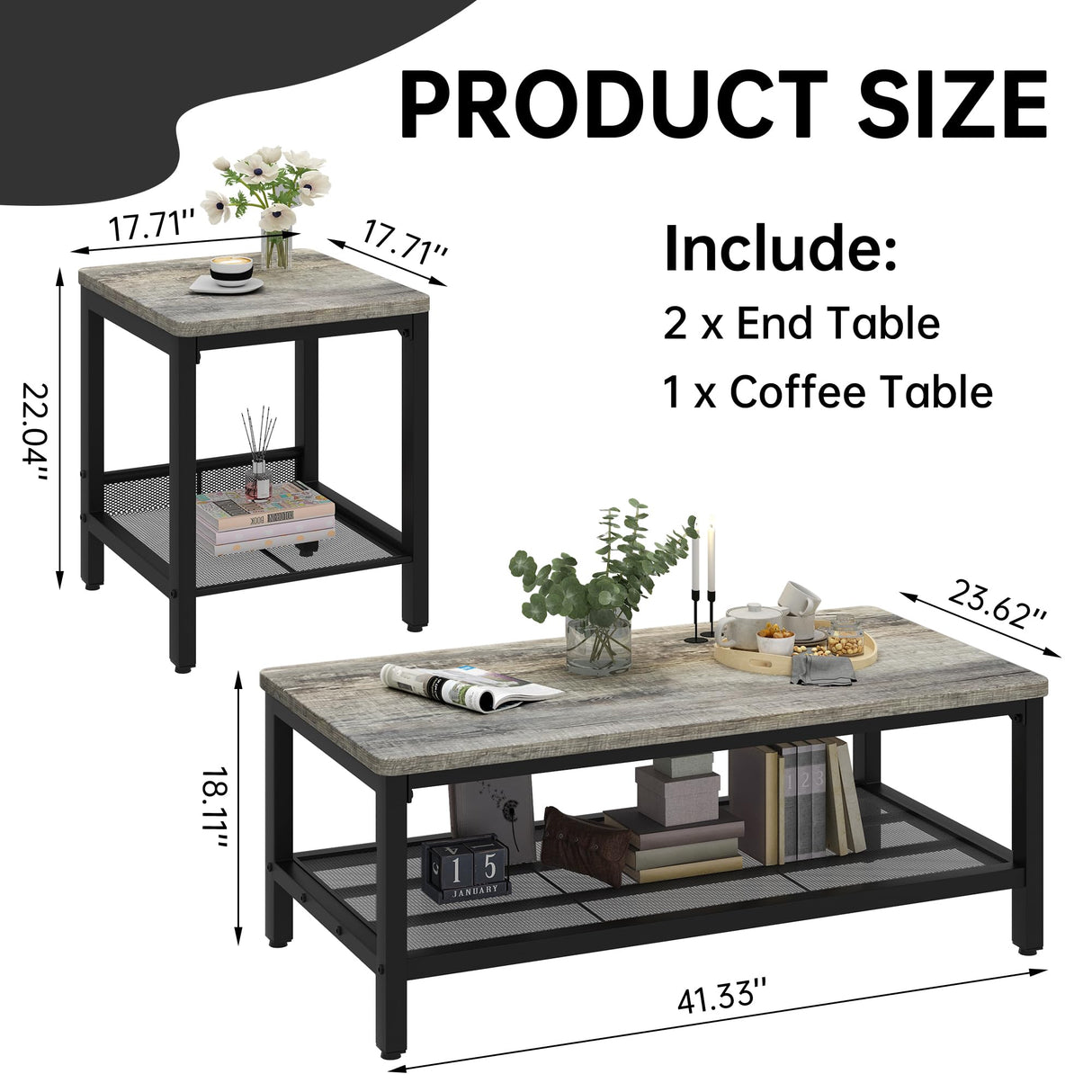 AWQM Coffee Table Set of 3, Industrial Coffee Table with 2 Square End Side Tables, Modern Living Room Table Set with Metal Frame for Apartment Home Office, Grey AWQM