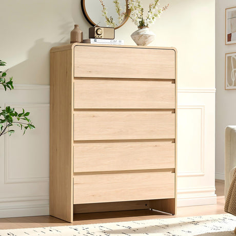 AMERLIFE 5 Drawer Dresser for Bedroom, 48" Tall Modern Chest of Storage Drawers with Rounded Corners, Anti-Tip Kit, Wood Cabinet Organizer for Closet, Living Room, Nursery, Easy Assembly, Light Oak AMERLIFE