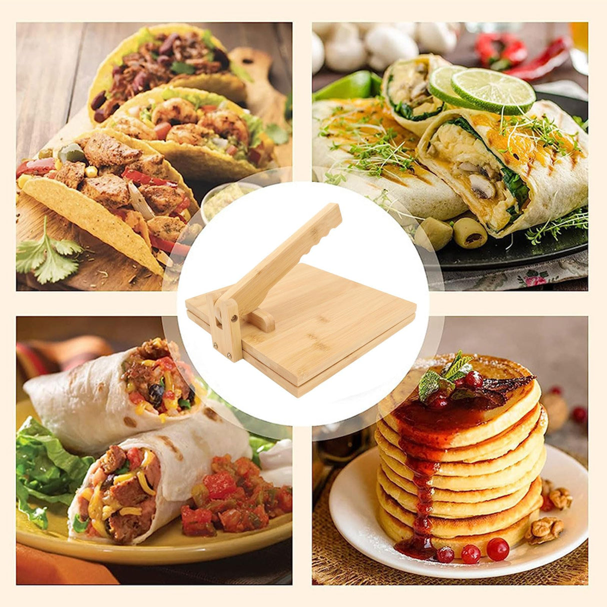 Asixxsix Wooden Tortilla Press Maker, 10 Inch Dough Press Machine with Rolling Pin and 50Pcs Parchment Paper, Manual Corn Tortilla Maker for Homemade Mexican Tortillera, Taco, Roti Asixxsix