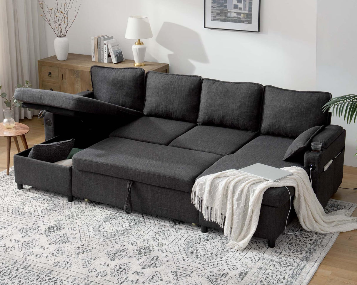 DURASPACE Sofa Bed Sleeper Sofa Pull Out Couch with Double Storage Chaise, Sectional for Living Room, U Shaped Couch with Removable Covers (Dark Gray) DURASPACE