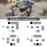 ovios 10 Pieces Patio Furniture Set, Outdoor Wicker Sectional Sofa with 42" Fire Pit Table Swivel Chairs, Modern Modular Deep Seat Rattan Couch Conversation Sets, Denim Blue ovios