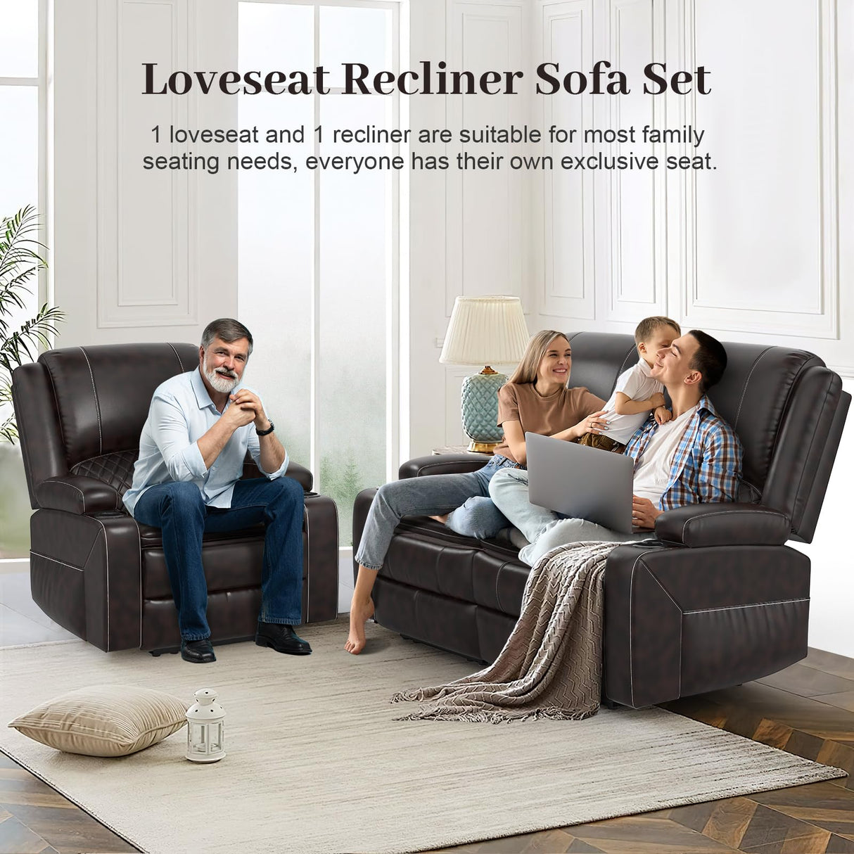 Yolsali Loveseat Recliner Sofa Set with 2-Tier Cushion, 2+1 Pieces in Living Room, 2 Seater Reclining Loveseat Leather with Removable Console, 1 Oversize Recliner Chair Sofa Seat Yolsali