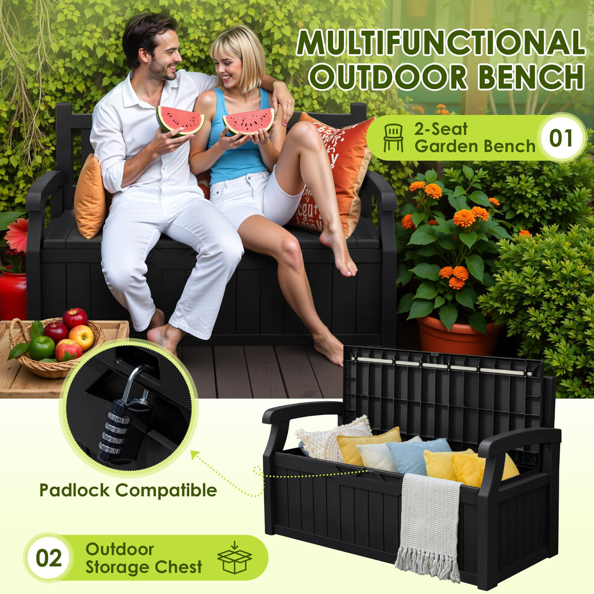 Greesum 80 Gallon Outdoor Storage Bench, Resin Patio Furniture with Armrest,Waterproof and UV-Resistant, Perfect to Garden, Poolside and Lawn, Dark Black Greesum