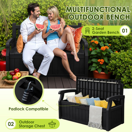 Greesum 80 Gallon Outdoor Storage Bench, Resin Patio Furniture with Armrest,Waterproof and UV-Resistant, Perfect to Garden, Poolside and Lawn, Dark Black Greesum