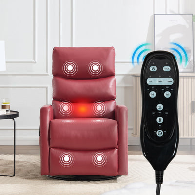 360° Swivel Recliner Chair for Adults, Small Manual Rocker with Heat & Massage, PU Leather Upholstered, Adjustable Backrest, Footrest & Side Pockets, Modern Living Room Chair, Red