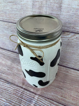 Cow print mason jars/cowhide decor/farm animal party decor/cow centerpieces/cattle decor/western decor jars (Regular Mouth Pint 16oz, No Lid Insert, Black Cowhide Print) Generic