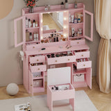 HUANLEGO Vanity Desk with Mirror and Lights, Pink Vanity Mirror with Lights Desk and Chair &7 Drawers, Cabinets Makeup Vanity Table with with Stool for Bedroom 3 Lights Mode and Brightness Adjusted HUANLEGO