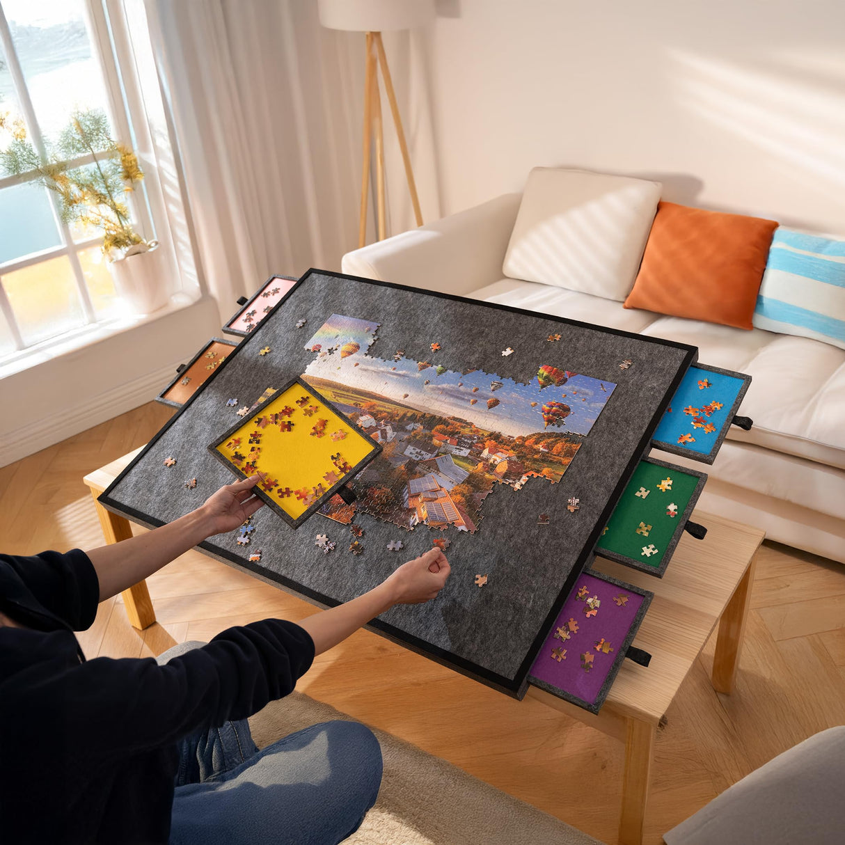 Tektalk 2000 Piece Foldable Jigsaw Puzzle Table with Cover, 3-Tilting-Angle Plateau, Lightweight Portable Felt Puzzle Board with 6 Sorting Drawers (Dark Gray) Tektalk