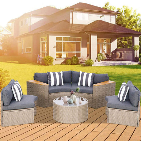 Incbruce Outdoor Half Moon Patio Furniture 5-Piece Curved Outdoor Sofa, All-Weather Outdoor Sectional Furniture Patio Conversation Sets with Round Tempered Glass Top Table (Grey Cushions) Incbruce