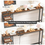 HOOBRO Rustic Brown and Black Console Table with Power Outlet and Shelves, 63" Multifunctional Sofa Table for Home Office and Entryway HOOBRO