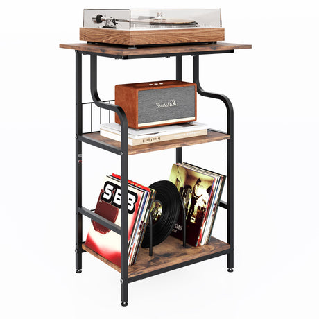 Luwesde Record Player Stand, 3-Tier Record Player Table, Vinyl Record Storage with Extra-Large Desktop, Turntable Stand End Table for Vinyl Record, Record Holder for Living Room - Rustic Brown Luwesde