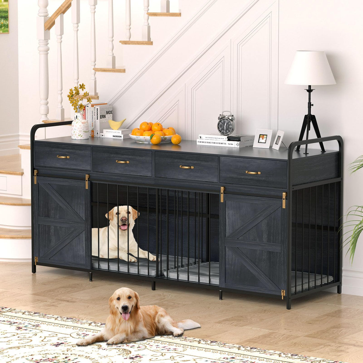 78.7 Inch Large Dog Crate Furniture for 2 Dogs Extra Large Dog Kennel Heavy Duty Wood Dog Crate Double Dog Crates Furniture TV Stand (Black) QJZLXKYT