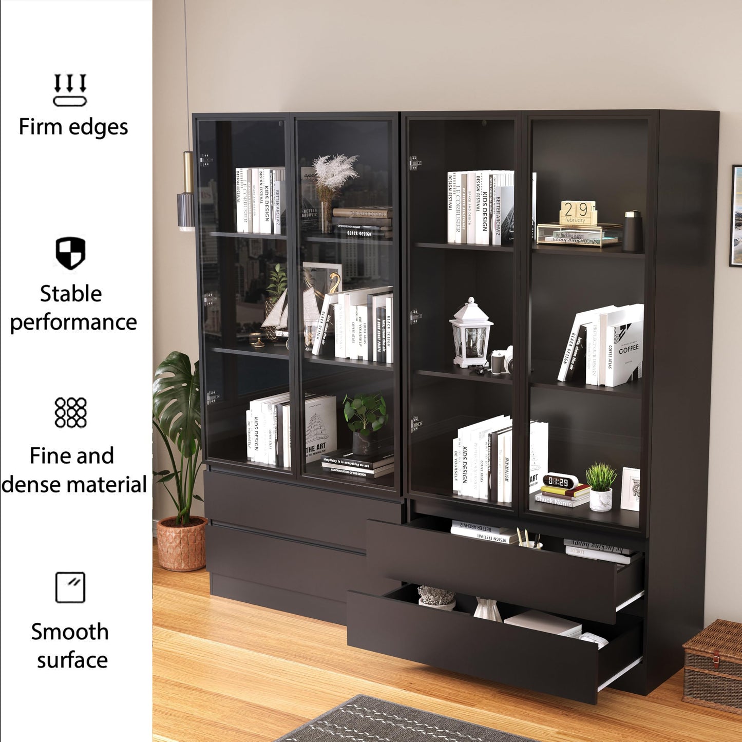 Wildhome Display Cabinet with Glass Doors,LED Lights Glass Display Case,Showcase for Collections, Curio Cabinets, Bookcase and Glass Display Cabinet (with 2 Drawers)