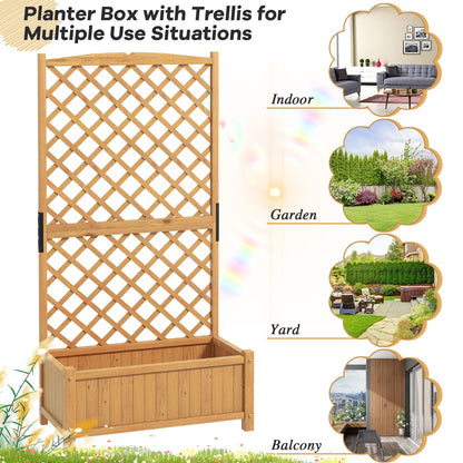 Safstar Raised Garden Bed with Trellis, Indoor & Outdoor Wood Elevated Plant Container with Diamond Shaped Trellis & Drain Hole, Above Ground Garden Bed for Vine Climbing Plants in Garden Balcony Yard