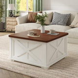Airynee Farmhouse Coffee Table, 31.5" Lift Top Coffee Table with Storage, Square Coffee Tables for Living Room, Wooden Coffee Tables with Brown Flip-Top Lids for Home Office, White Airynee