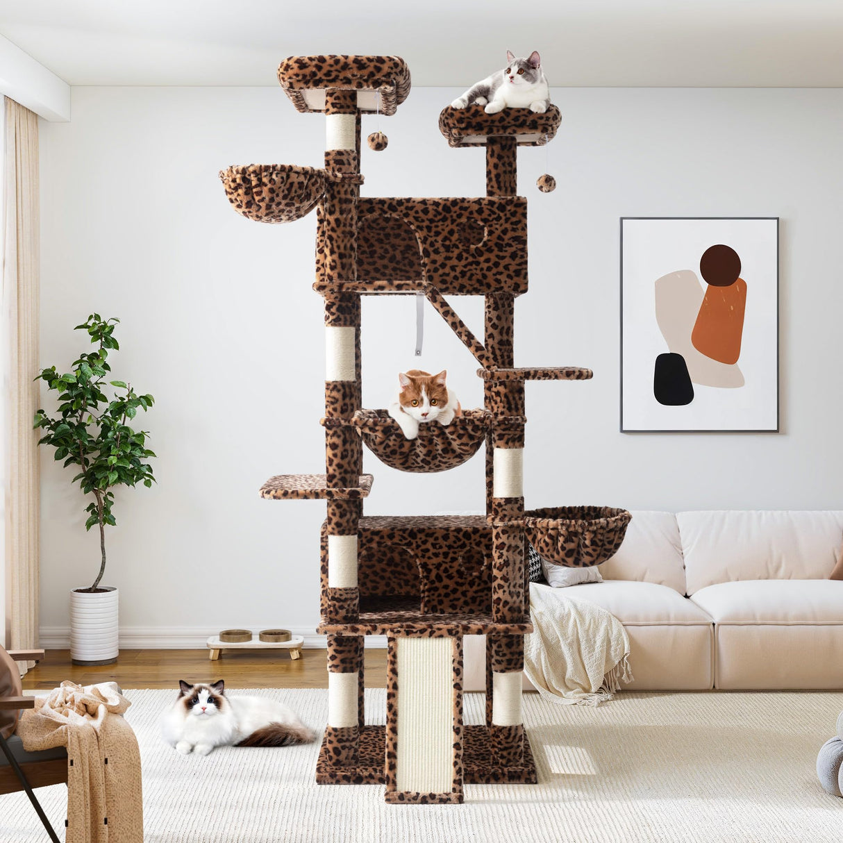 Allewie 81 Inches Tall Cat Tree/Multi-Level Large Climbing Tree House and Towers for Big Feline/Condo and Hammock/Scratching Post/Wide Base/Leopard Print Allewie