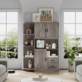 HOSTACK 60.4" Farmhouse Kitchen Pantry Storage Cabinet, Freestanding Hutch with Doors & Shelves, Buffet Sideboard with Microwave Stand, Coffee Bar with Drawers, Cupboard for Dining Room, Ash Grey HOSTACK