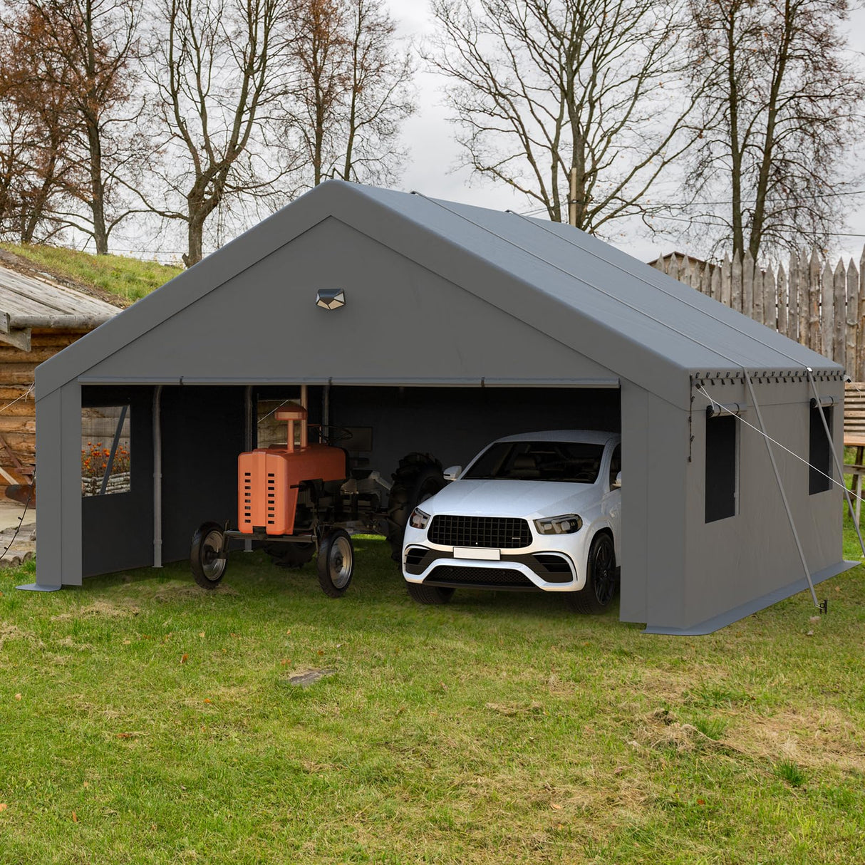 Benass 20x20 Carport Canopy, Heavy Duty Car Port, Portable Car Ports Garage with 2 Roll-Up Drive Through Doors, Grey Benass