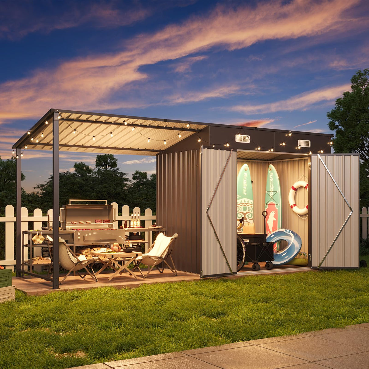 Aoxun 6x4FT Outdoor Storage Shed & Hardtop Gazebo Combo, 12x4FT Metal Lean to Shed with Open-Sided Pergola, Durable Garden Tool Shed for Patio, Backyard, Deck Aoxun