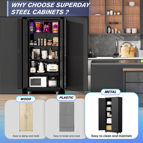 Pataku 73" Metal Storage Cabinet with Wheels, Garage Storage Cabinet with 4 Adjustable Shelves & Lockable Doors for Garage Home Office, Heavy Duty Tool Cabinets Pataku