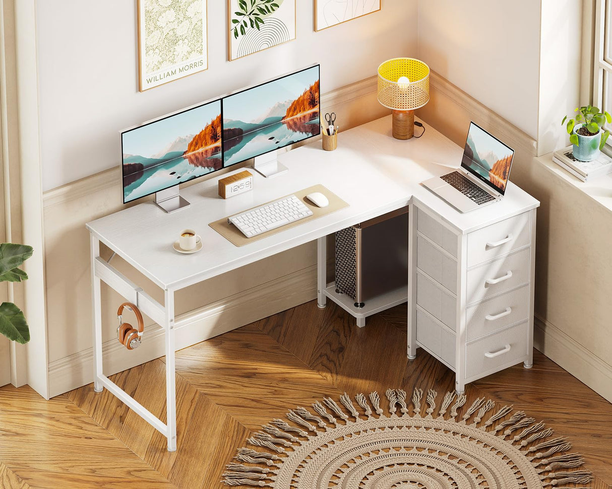 Casaottima L Shaped Desk with 4 Drawers, 47" White Computer Desk with Storage, Reversible Kids Study Table with CPU Stand & Hook, Corner Work Table for Home Office Casaottima