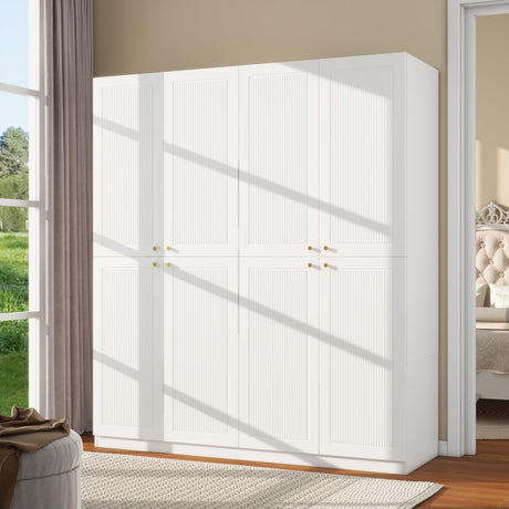 LABROSKIA White Wardrobe Closet with Grooved 4 Doors, Bedroom Armoire with Shelves, Wooden Wardrobe Closet Cabinet for Hanging Rod Clothes, Wardrobe Storage Closet (White) LABROSKIA