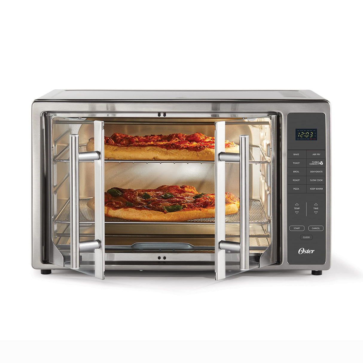 Oster Air Fryer Oven, 10-in-1 Countertop Toaster, Large Enough for 2 Pizzas, Stainless Steel French Doors, XL Sized Oster