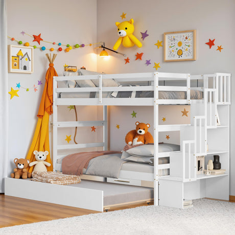 NicBex Twin Over Twin Bunk Beds with Twin Trundle, Kids Bunk Beds Twin Size Loft Bed Frame with Trundle & Stairway Storage Function & Wood Slats Support, Wood Twin Loft Bed for Kids Loft, White NicBex