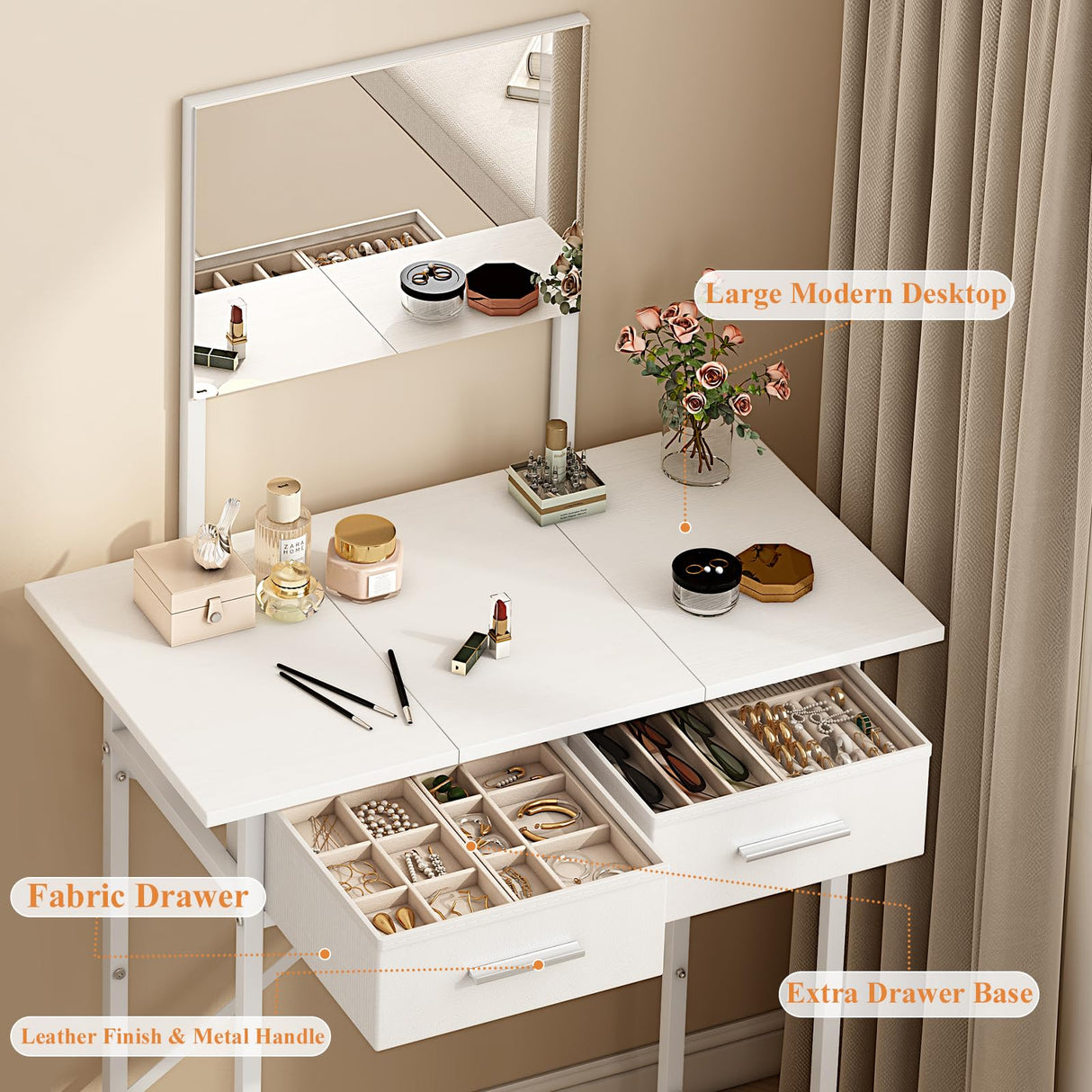 Dmticoasis Small Vanity Desk with Mirror, Compact Makeup Desk for Small Spaces,Modern Dressing Table with 2 Drawers,28.4 Inchs White Vanity with Storage for Girls and Women Dmticoasis