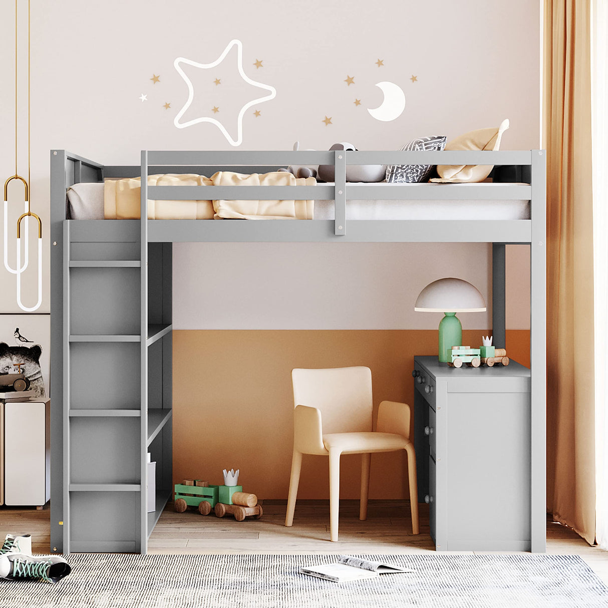 CITYLIGHT Grey Full Loft Bed with Desk, Shelves, and Storage Drawers for Kids CITYLIGHT