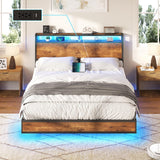 AMERLIFE Full Size Floating Bed Frame with LED Storage Headboard & Charging Station in Rustic Brown AMERLIFE