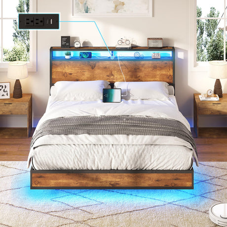 AMERLIFE Full Size Floating Bed Frame with LED Storage Headboard & Charging Station in Rustic Brown AMERLIFE