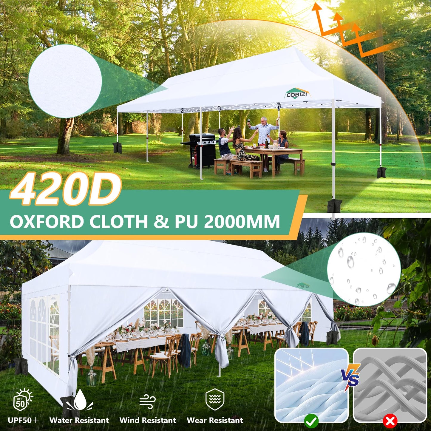 COBIZI 10x30 Pop Up Canopy Tent with 8 Removable Sidewalls, Easy Setup Canopy with Roller Bag & Sandbags，Waterproof and UPF50+ Gazebo Tent, Outdoor Gazebo for BBQ Party Wedding Events Tent, White