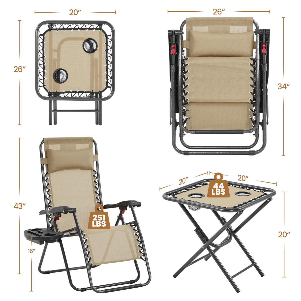 Yaheetech 3PCS Zero Gravity Recliner Portable Outdoor Reclining Chair Set w/Side Table Folding Chaise Lounge Chairs for Patio Beach Deck Garden Pool Beige Yaheetech