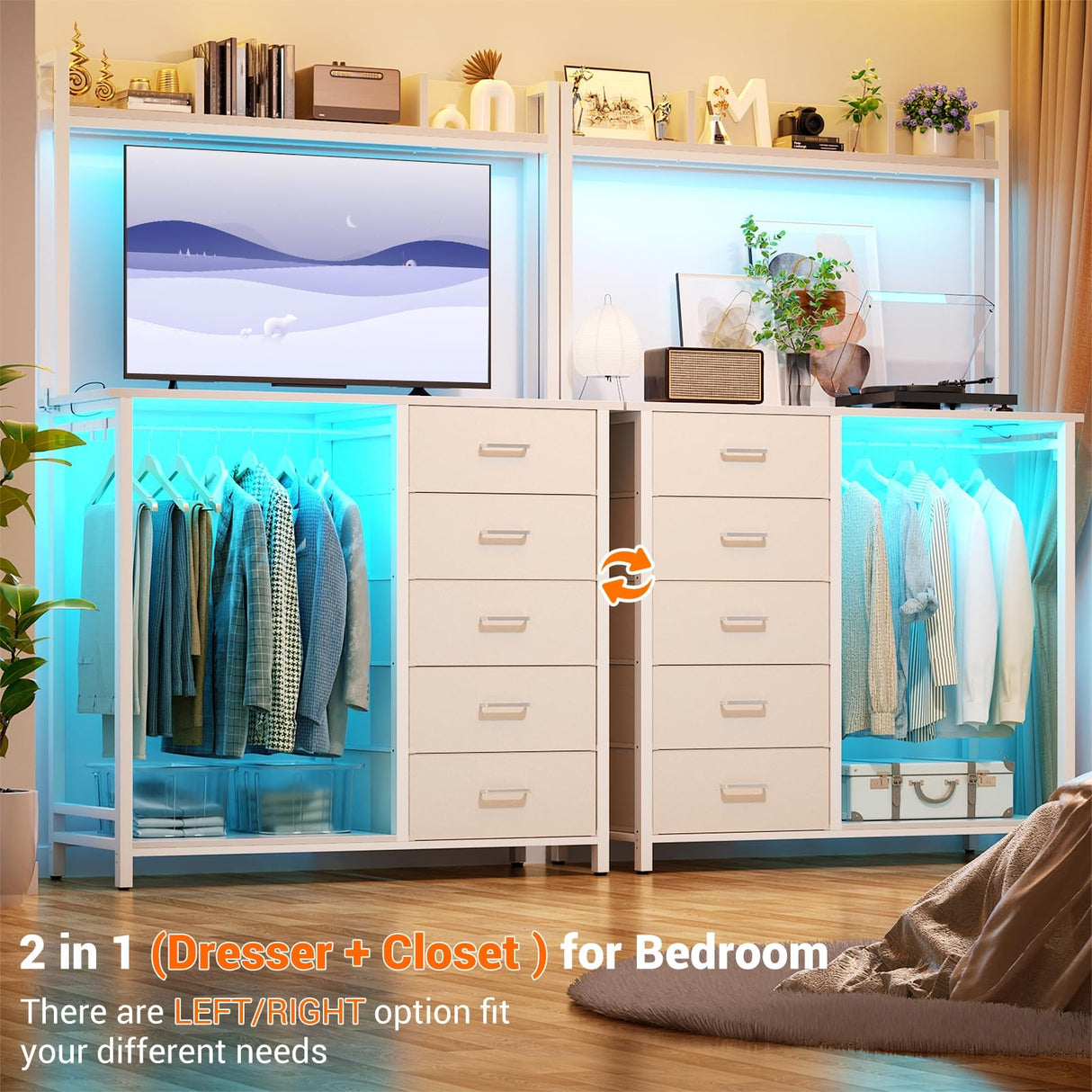 Cyclysio Dresser for Bedroom with Hutch & Clothes Rack, 70'' Tall 5 Drawers Dresser with Shelves, Dressers Closet with Charging Station & LED Lights, Bedroom, White Cyclysio