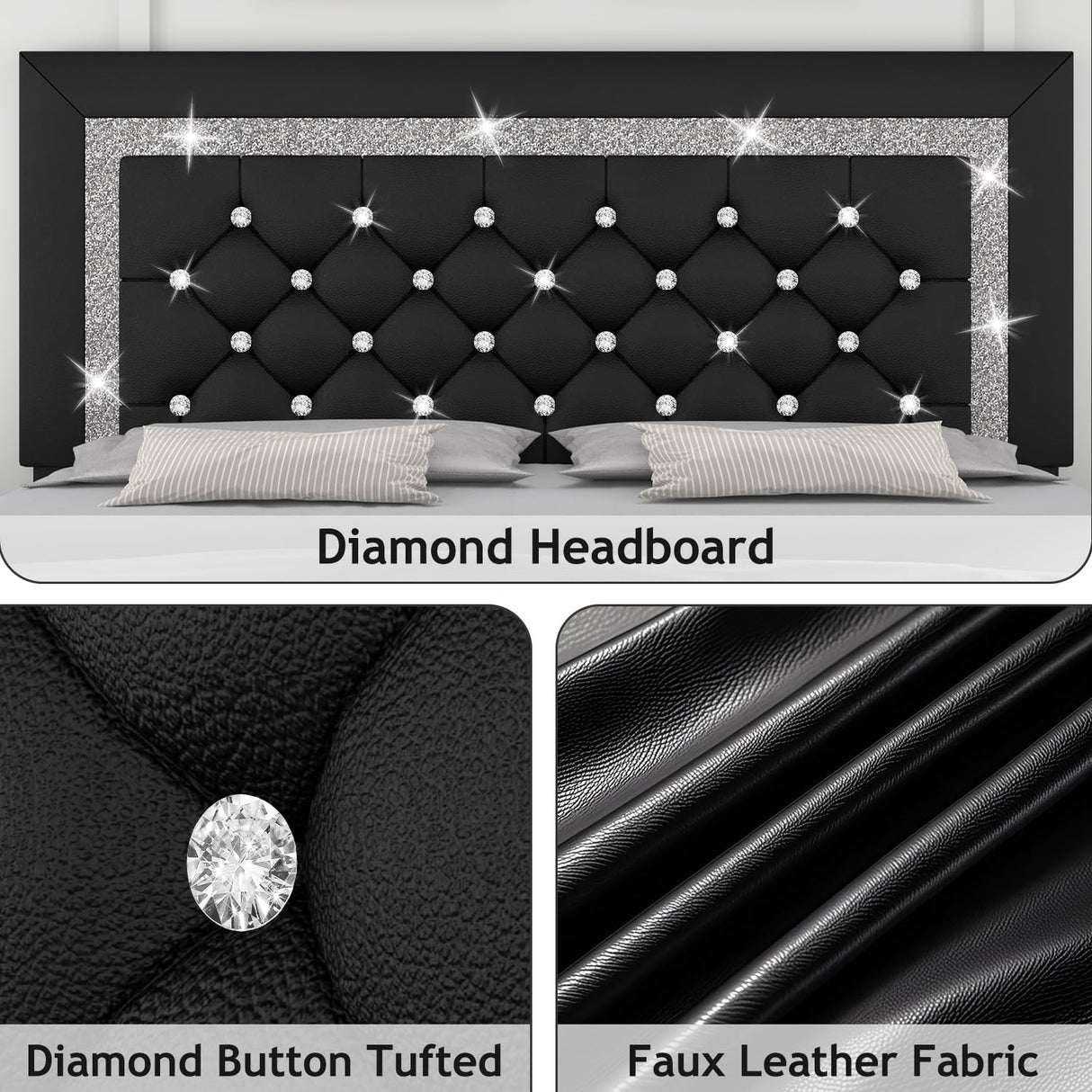 Twin Bed Frame, Faux Leather Platform Bed with Upholstered Diamond Headboard, Mattress Foundation with Strong Wooden Slats Support, No Box Spring Required, Easy Assembly, Black BarnFurin