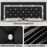 Twin Bed Frame, Faux Leather Platform Bed with Upholstered Diamond Headboard, Mattress Foundation with Strong Wooden Slats Support, No Box Spring Required, Easy Assembly, Black BarnFurin